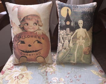 Halloween Vintage Look Decorative Pillows - Halloween Graphic Pillows - Skeleton - Pumpkin - Primitive Tucks - Farmhouse - Bowl Fillers