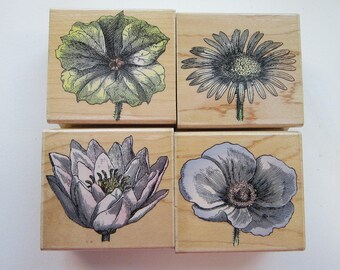 4 rubber stamps - HERO ARTS Poetic Petals - flower stamps - circa 2000
