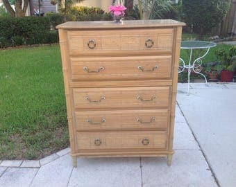 FAUX BAMBOO DRESSER / Old Florida Faux Bamboo Dresser brass Pulls / Palm Beach Coastal Style Retro Daisy Girl