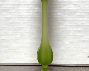 Viking Glass Original Label- Frosted Olive Green 1960s Vase Midcentury Stretch Glass Vase - Large 15 inch Flower Vase