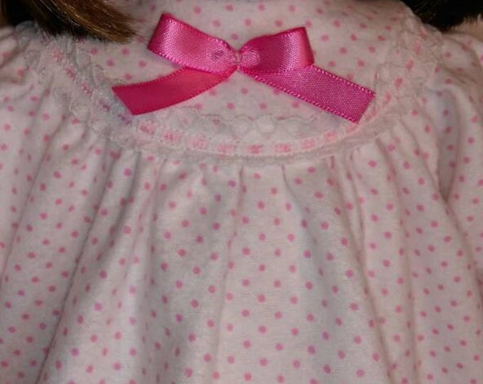 White and pink dotted flannel winter long nightgown fits 18 inch dolls like american girl