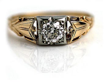 Solitaire bague de fiançailles éthique Antique bague de fiançailles en Alternative .35ctw 14K deux ton diamant Vintage 1940 bague de fiançailles sans conflit