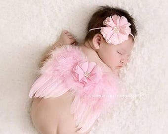 ON SALE Pink feather wing set, wings and headband, newborn photo prop, baby wings, photography prop, newborn wings