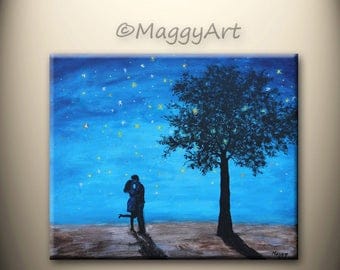 On Sale,original abstract painting, kissing in starry night,love couple,24x20 inch,ready to hang,great wedding gift,Free Shipping in US