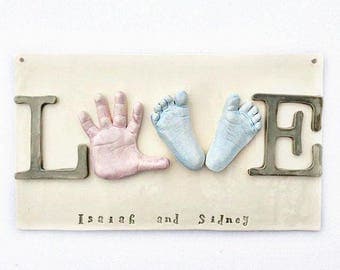 Sibling Wall Art - Baby Hand and Footprint Love Plaque - "LOVE" Wall Decor for Siblings - Personalized Keepsake Gift - Family Keepsake