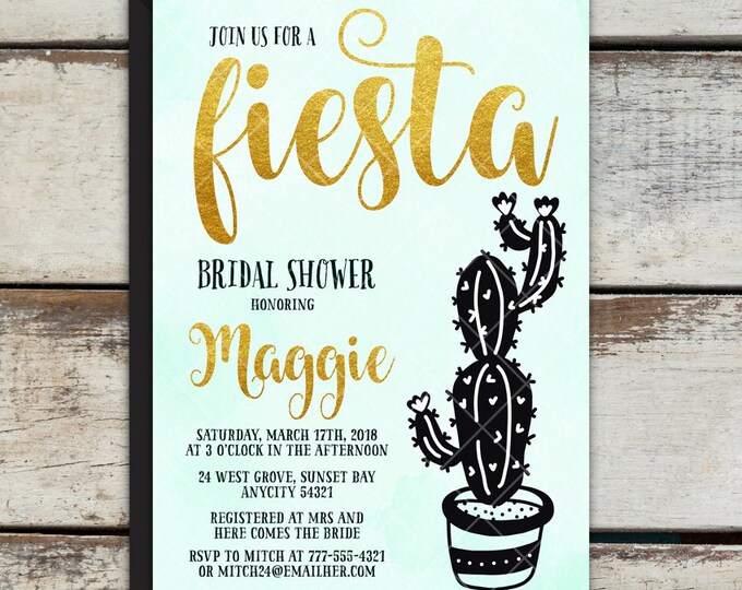 Fiesta Cactus Bridal Shower Bachelorette Hens Invitation, Black and White and Gold or Colored Modern Printable Invitation