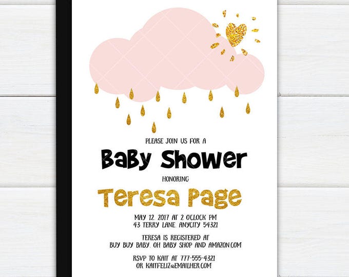 Rain Cloud Baby Sprinkle Baby Shower, Cute Girl Baby Shower Invite Gold and Pink, Scandinavian Style Printable Invitation