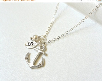 SALE - Silver Anchor Necklace Personalized Anchor with Initial Hand Stamped Leaf, Nautical Theme, Navy Necklace, Bridemaid Jewelry