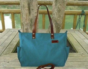 On Sale 20% off Double purpose teal green bag, leather strap tote bag, unisex messenger bag with personalized name tag, leather strap handba