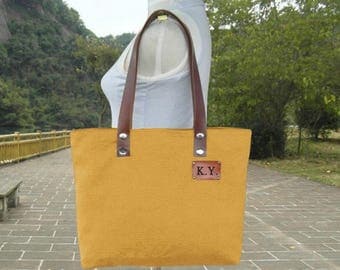 On Sale 20% off Golden canvas tote bag, personalized leather strap tote bag, women's shoulder bag with unique tag
