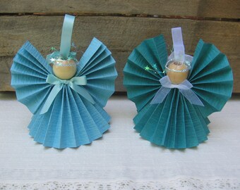 Turquoise Paper Angel / Christmas Decoration / Solid Blue Paper Ribbon Angel / Gift for Angel Lover / Light Turquoise / Dark Turquoise Angel
