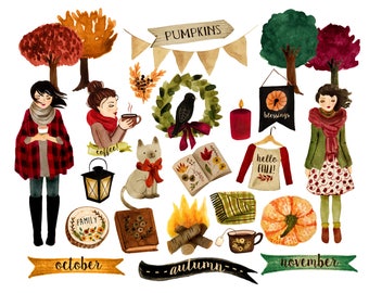 Watercolor fall clipart, planner clipart, fall quotes, thanksgiving clipart, fall digital clipart, pumpkin clipart
