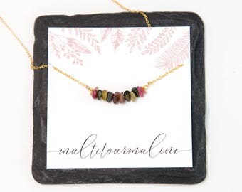 Raw Multi-Color Tourmaline Bar Necklace, October Birthstone Gift for Her, 14k Gold Filled Natural Gemstone Bar Necklace, Layering Necklace