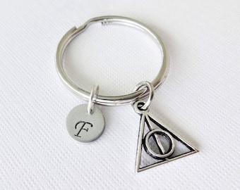 Harry Potter Keychain Deathly Hallows Inspired Silver Triangle Pendant Stainless Steel Initial Personalized Hand Stamped BFF Friend Gift