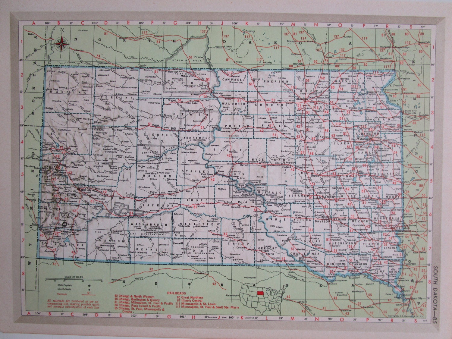 1952 SOUTH DAKOTA Railroad Map. 8x11. 1950s. Mid Century