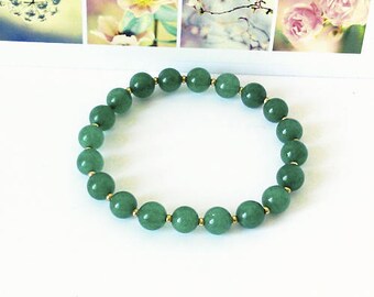 Bracelet Elastique Stretch Pierre d'Onyx verte boules 8mm / métal doré / Green Onyx gemstone Stretch bracelet
