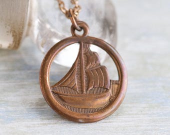 Ship Sailing Necklace Art Pendant Ocean Necklace Old Boat Navy