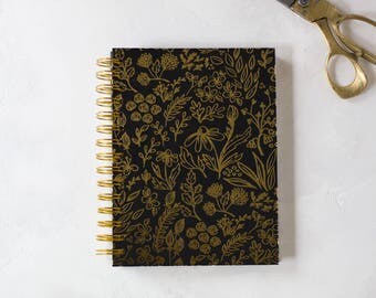Gold Foil Floral on Black Hardcover Spiral Notebook - 100 pages - 6" x 8"