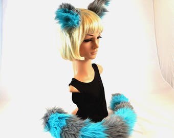 Cheshire Cat Ear Tail Clip On Combo in Faux Fur Blue and Gray