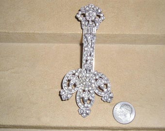 Vintage Large Art Deco Era Dress Clip With Clear Rhinestones Rhodium Plated 1930's Jewelry 11191