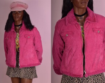 90s Pink Corduroy Faux Fur Trim Jacket/ Medium/ 1990s