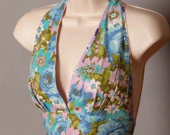 Vintage 70s Reversible Halter Top Floral Pattern