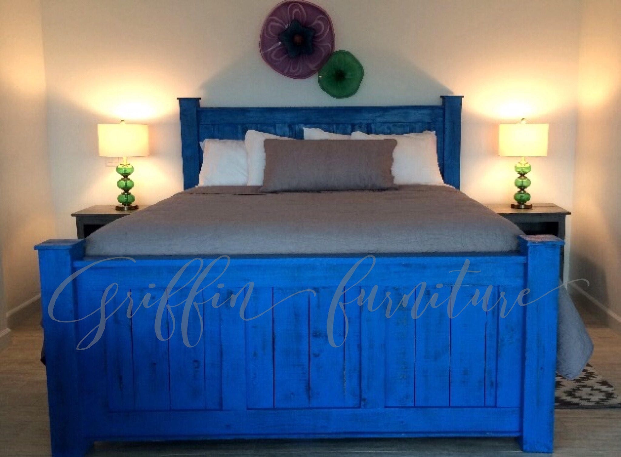 Beach blue wood bed frame handmade