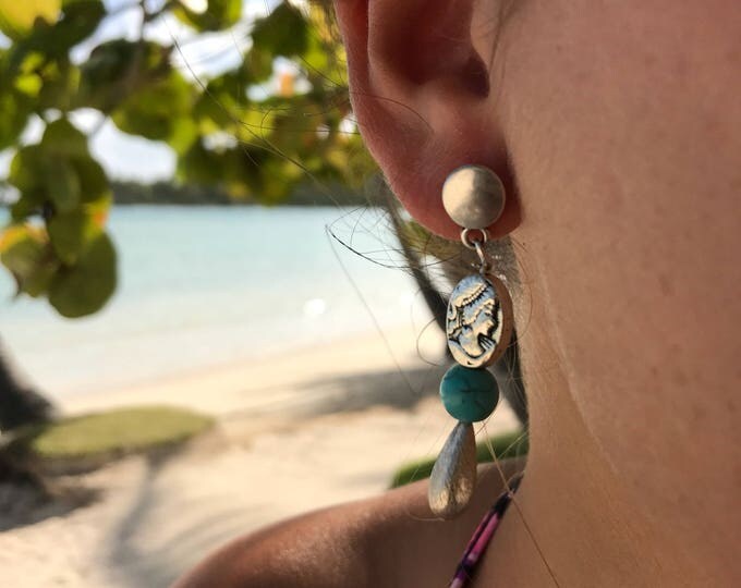 Boho Earrings,dangle Earrings,cameo Earrings,leather earrings,turquoise Earrings,leather accessorie, christmas gift,women gift,girl