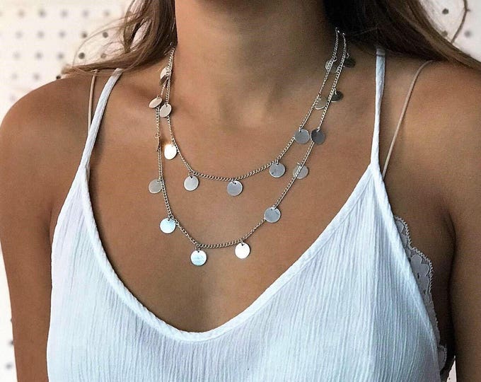 Long coin necklace,Circle necklace,disc long necklace,long silver necklace,layered necklace,Coin long Necklace, Coin Charm Necklace
