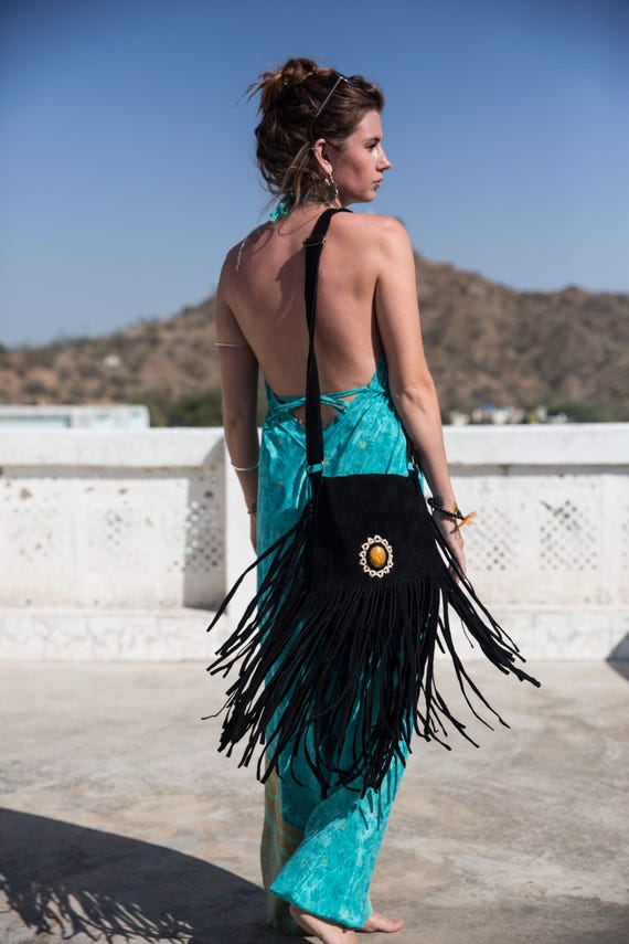 SUEDE FRINGE BAG- Black Fringe bag- Suede Bag- Crystal Bag- Vintage Bag- Leather Tassel Bag- Bohemian- Festival bag- Must have!