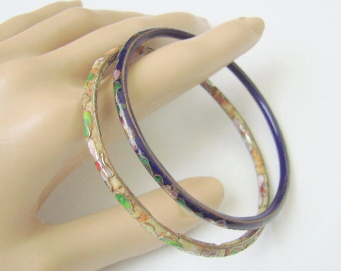 Vintage Cloisonne Enamel Bangle Bracelets / Multi Color / Dark Cobalt Blue / Green / Red / Floral Motifs / Jewelry / Jewellery