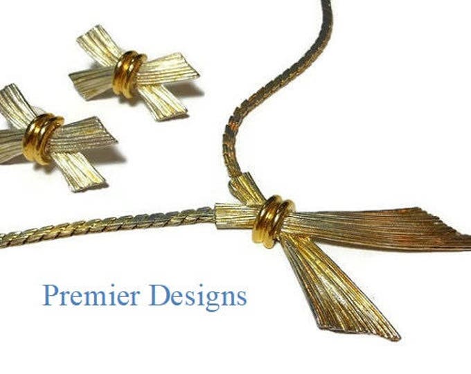 FREE SHIPPING Premier Designs Necklace and Earrings Demi Parure, gold wheat sheaves chain necklace and post earrings, two tone silver gold
