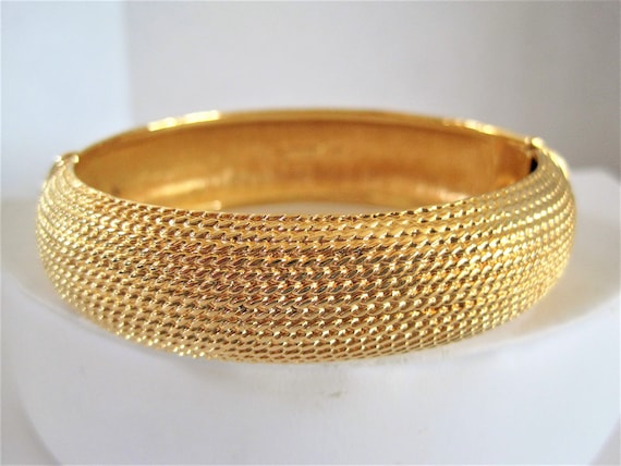 Monet Brushed Gold Bangle, Hinged Bracelet, Textured Gold Bangle