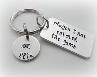Player 3 has entered the game - Personalized Custom Hand Stamped Keychain - Gift for Dad - Video Gamer Key Chain - Baby Shower Gift