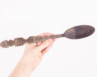 Vintage wooden spoon, primitive handmade spoon, folk art spoon