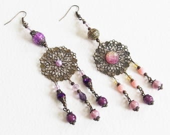 Boucles d'Oreilles - Fantaisie Violette - Perles, Estampes Filigrane, Métal Bronze - Bijou créateur, fait main, pièce unique