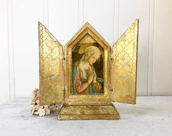 ITALIAN FLORENTINE Triptych Icon - Virgin Mary - Folding Gilt Wood Screen - Aqua Florentia Italy Wooden