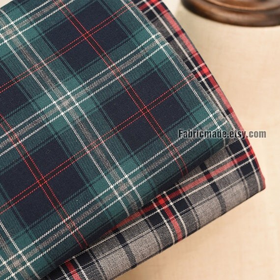 Dark Green Red Grey Gray Plaid Cotton Fabric Vintage Style