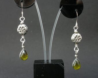 Natural Gemstone Peridot Olive Green Teardrop Dangle Earrings, Peridot Cabochon Earrings, 925 Bali Sterling Silver, August Birthstone