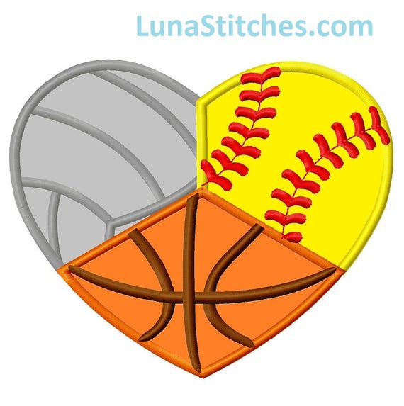 Volleyball Basketball and Softball Heart Applique Embroidery