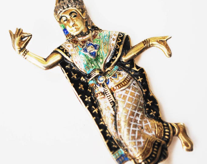 Sterling Thailand Dancer Brooch- Gold Wash- black blue green Enameling - gold plated - Siam figurine dancing pin