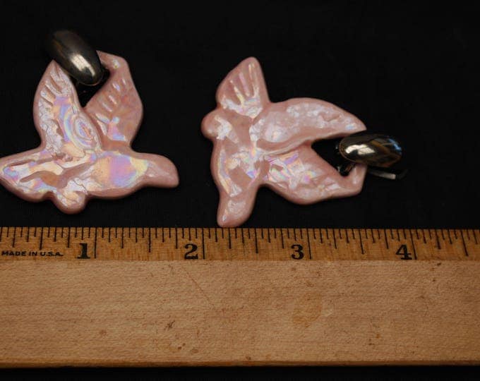 Pink bird earrings, - shiny pink ceramic -drop dangle clip on earrings