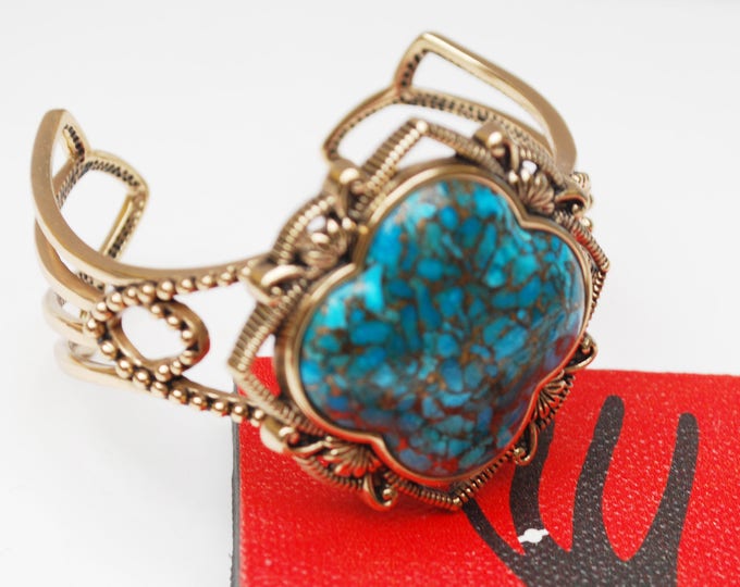 Barse Bronze Cuff - Spider web Turquoise Gemstone - open work setting - Gold blue bracelet