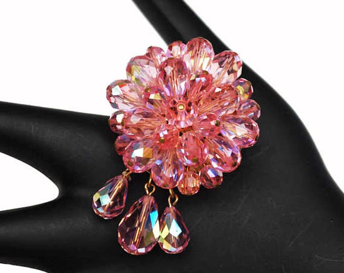 Pink Crystal Dangle Brooch - cluster Bead -Facet cut glass - round drop dangle pin