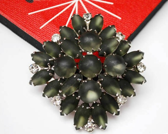 Gray Glass Atomic Brooch - Grey moonstone cabochon - Clear rhinestone - domed silver metal Mid century pin