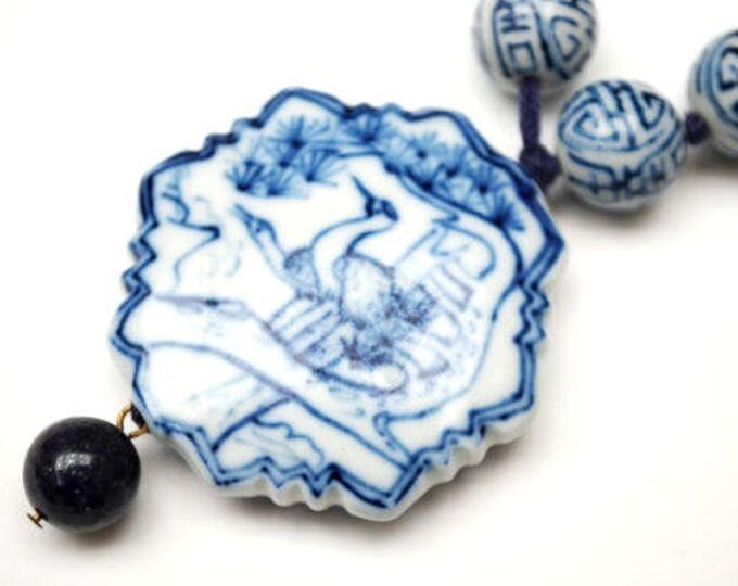 Vintage Chinese porcelain Bead Necklace - blue and white character - Lapis gemstone - Pendant with Bird Design
