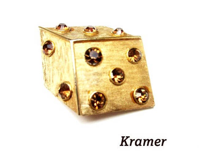 Dice Brooch - amber Orange Rhinestone - signed Kramer - Figurine pin