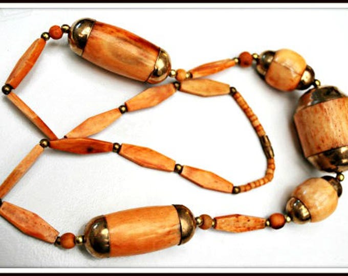 Boho Orange Bone Necklace - Chunky Brass and bone bead - Hippie - Tribal necklace