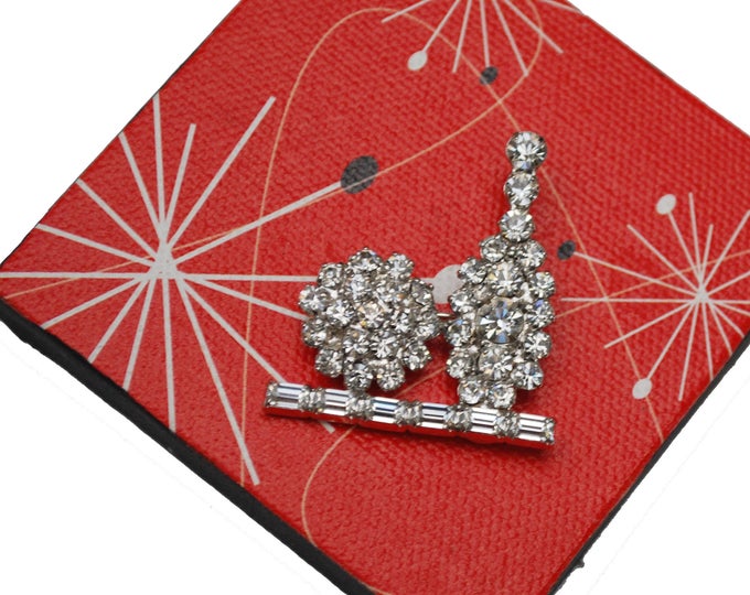 Rhinestone Bowling Brooch - signed B David -clear crystal - silver metal - bowling pin and ball pin