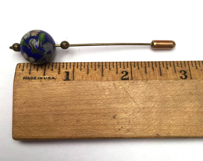 Blue Cloisonne Bead Stick Pin - Floral enameling - brass stick pin